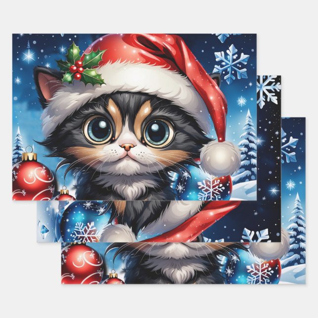 Adorable Christmas kitten.  Wrapping Paper Sheet (Set)
