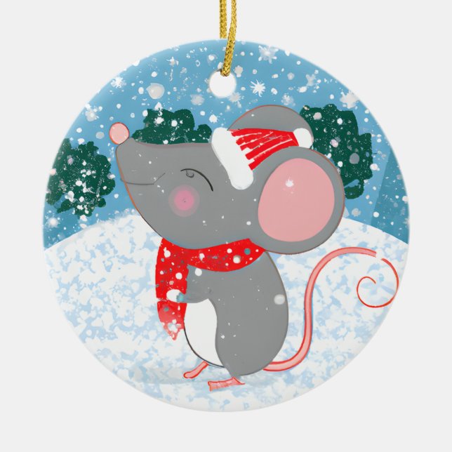 Adorable Christmas Mouse Ceramic Ornament (Front)