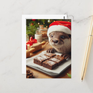 Adorable Christmas Otter Baking Brownies Postcard