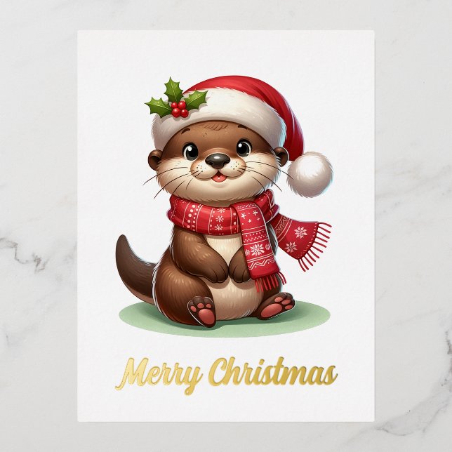 Adorable Christmas Otter  Foil Holiday Postcard (Front)