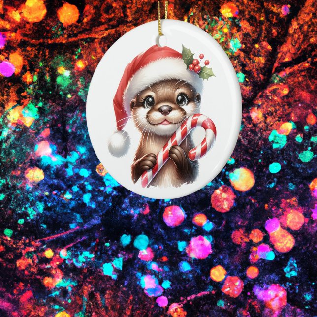 Adorable Christmas Otter in Santa Hat With Candy   Ceramic Ornament (Creator Uploaded)
