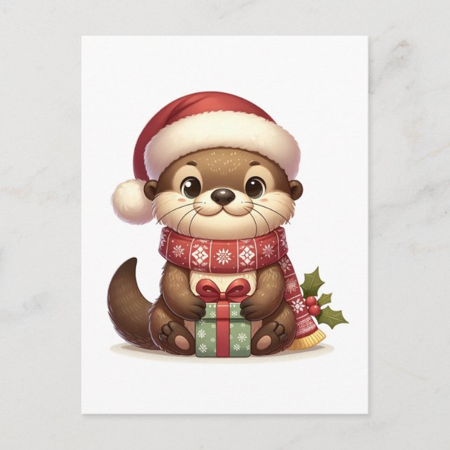 Adorable Christmas Otter in Santa Hat With Present Postcard (Front)