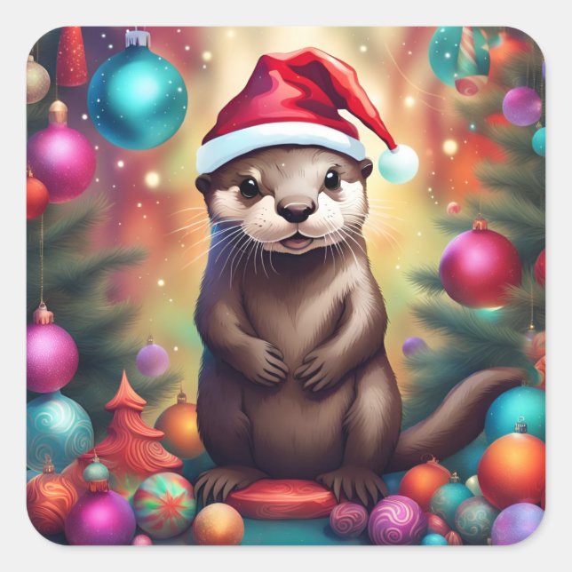 Adorable Christmas Otter Square Sticker (Front)