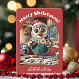 Adorable Christmas Owl Baking Cookie Cute Cosy Red Holiday Card