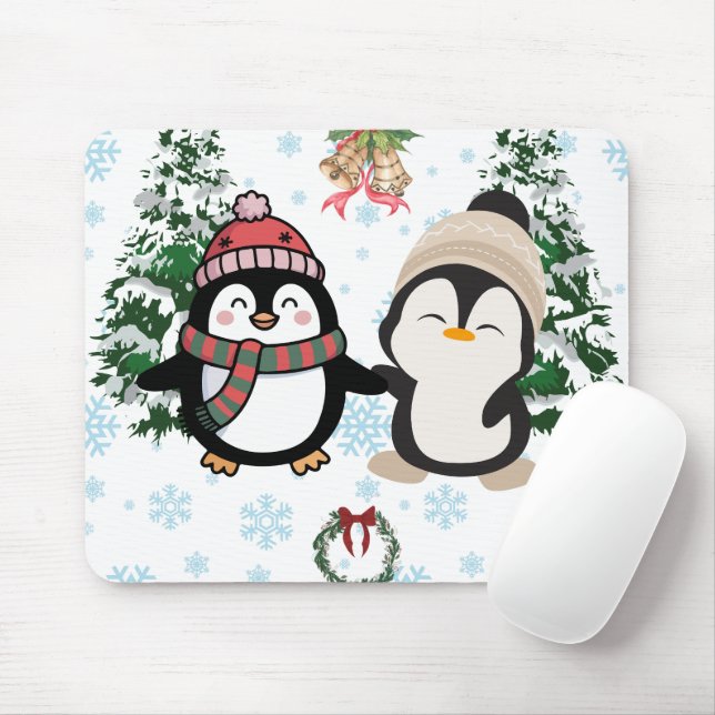 Adorable Christmas Penguin Couple Mousepad (With Mouse)