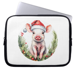 Adorable Christmas Piglet illustration featuring Laptop Sleeve