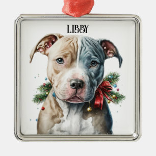 ADORABLE CHRISTMAS PIT BULL TERRIER DOG FACE METAL ORNAMENT