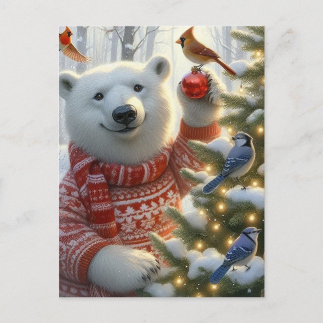 Adorable Christmas Polar Bear and Birds Postcard (Front)