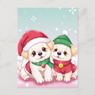 Adorable Christmas Puppies in Festive Hats Art Postcard