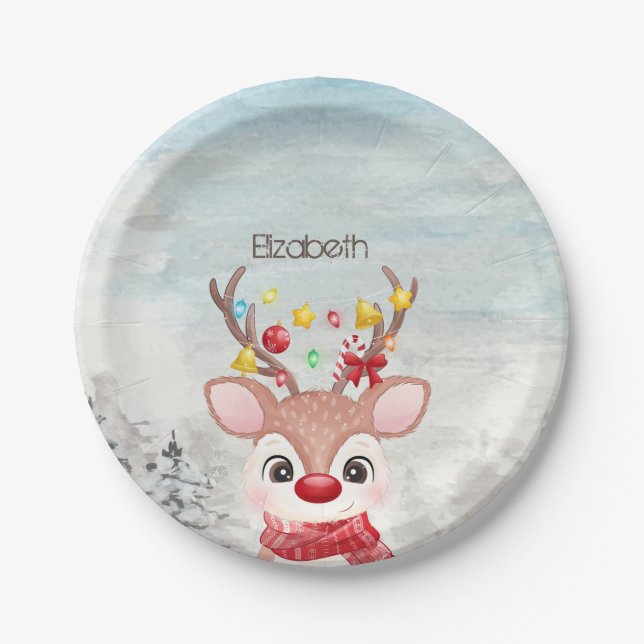 Adorable Christmas Reindeer  Paper Plate (Front)