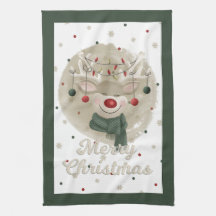 Adorable Christmas Reindeer Tea Towel - Green