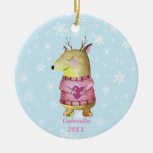 Adorable Christmas Reindeer wearing a pink sweater Ceramic Ornament