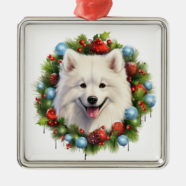 ADORABLE CHRISTMAS SAMOYED DOG WREATH METAL ORNAMENT (Front)
