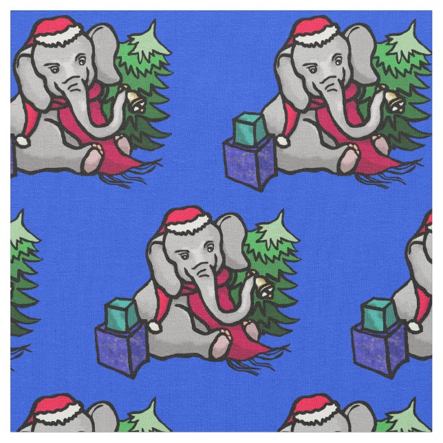 Adorable Christmas Sant Elephant Pattern Fabric (Close Up)