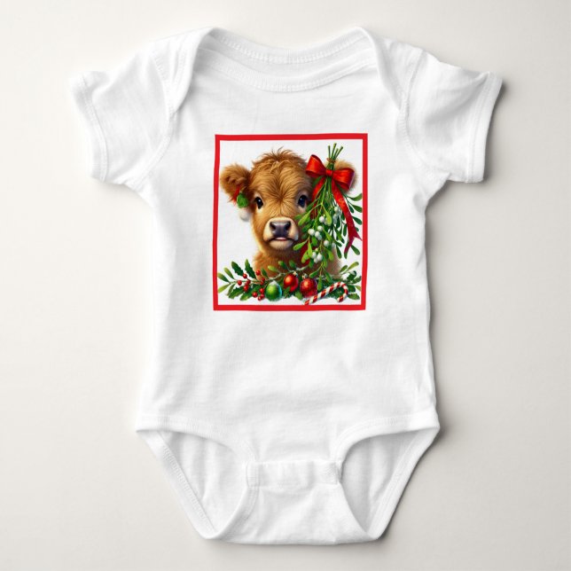 Adorable Christmas Scottish Highland Cow  Baby Bodysuit (Front)