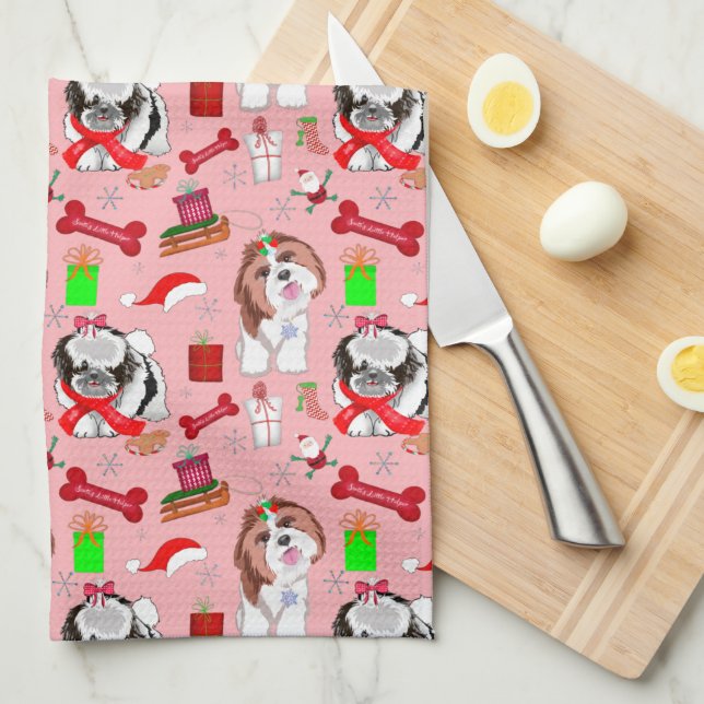 Adorable Christmas Shih Tzu Pattern  Tea Towel (Quarter Fold)