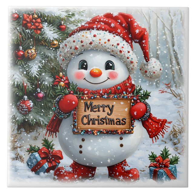 Adorable Christmas Snowman Ceramic Tile (Front)