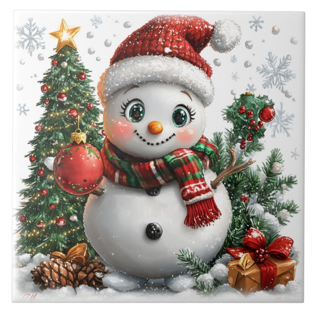 Adorable Christmas Snowman Ceramic Tile (Front)