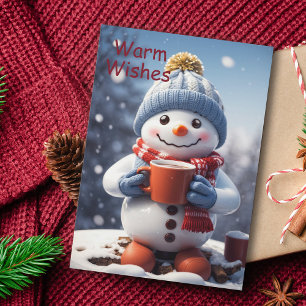 Adorable Christmas Snowman Enjoying Hot Chocolate Holiday Card