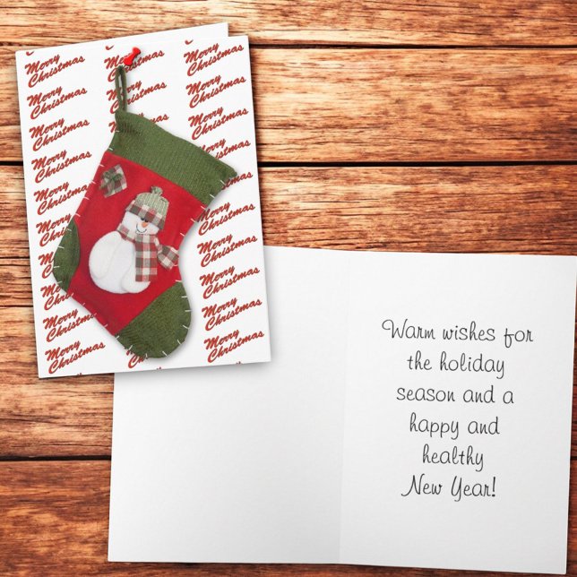 Adorable Christmas Stocking Snowman Over White Holiday Card (front and inside template Christmas greeting card)