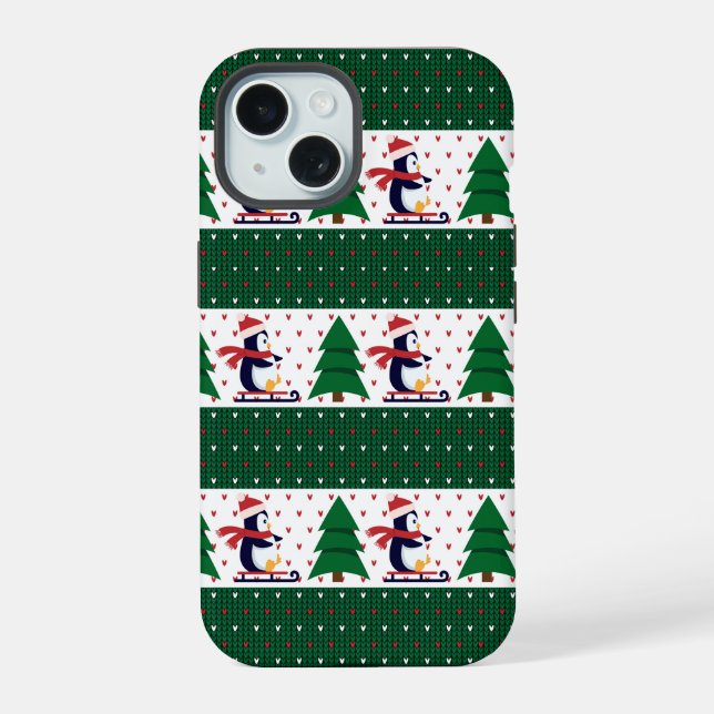 Adorable Christmas Sweater Penguin Tree Winter iPhone 15 Case (Back)