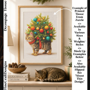 Adorable Christmas Tree Cat/Kitten FN8L Decoupage Tissue Paper
