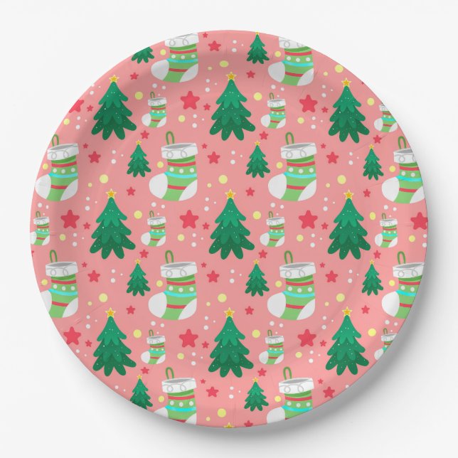 Adorable Christmas Trees, Stockings, Stars Pattern Paper Plate (Front)