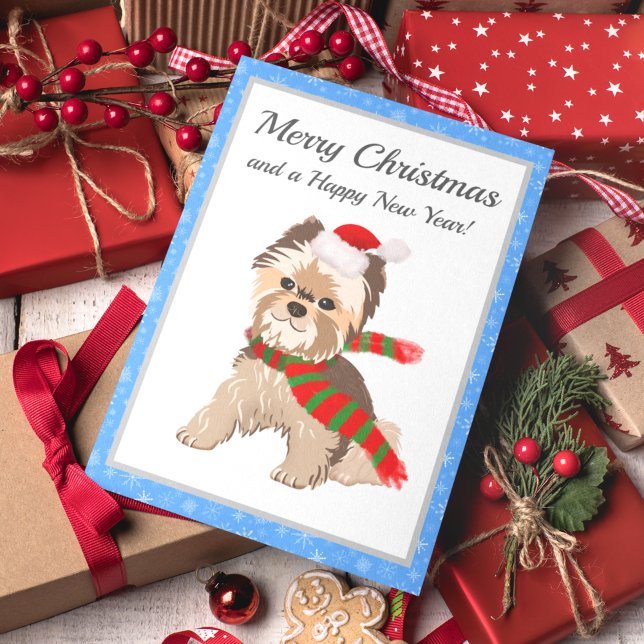 Adorable Christmas Yorkie In Santa Hat Merry Chris Holiday Card (Creator Uploaded)