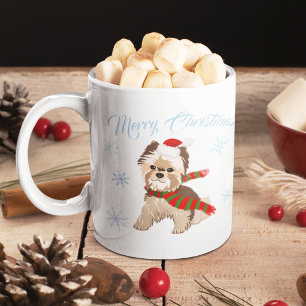 Adorable Christmas Yorkie In Santa Hat Snowflakes  Coffee Mug