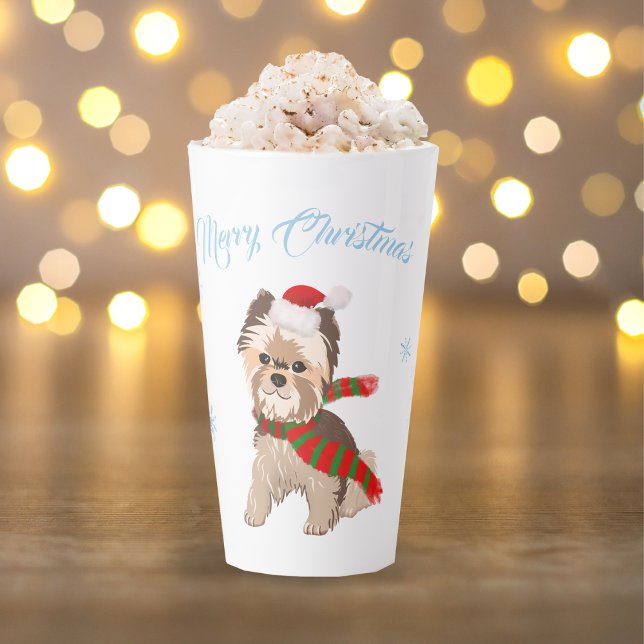 Adorable Christmas Yorkie In Santa Hat Snowflakes  Latte Mug (Festive furball, sip and smile, Yule love this merry mug!)