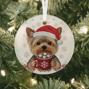 Adorable Christmas Yorkshire Terrier Glass Tree Decoration