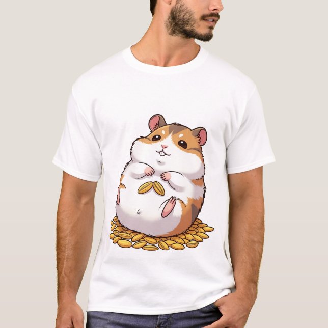 Adorable Chubby Hamster Sitting on Pile of Seeds T-Shirt (Front)