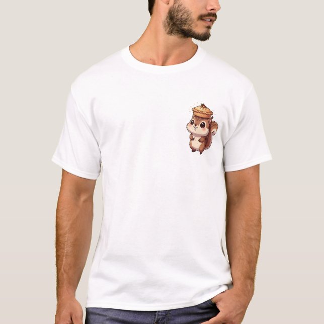 Adorable Chubby Squirrel Balancing Acorn Pie Hat T-Shirt (Front)