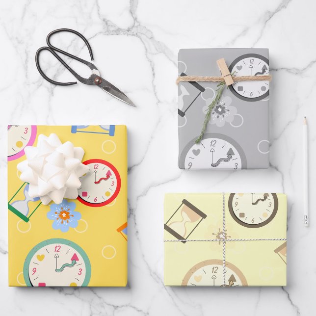 Adorable clocks and flowers party wrapping paper sheet (Creator Uploaded)