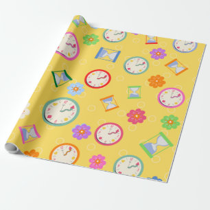 Adorable clocks and flowers pattern party wrapping paper