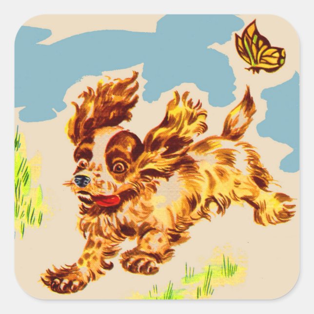 adorable cocker spaniel puppy on the run square sticker (Front)