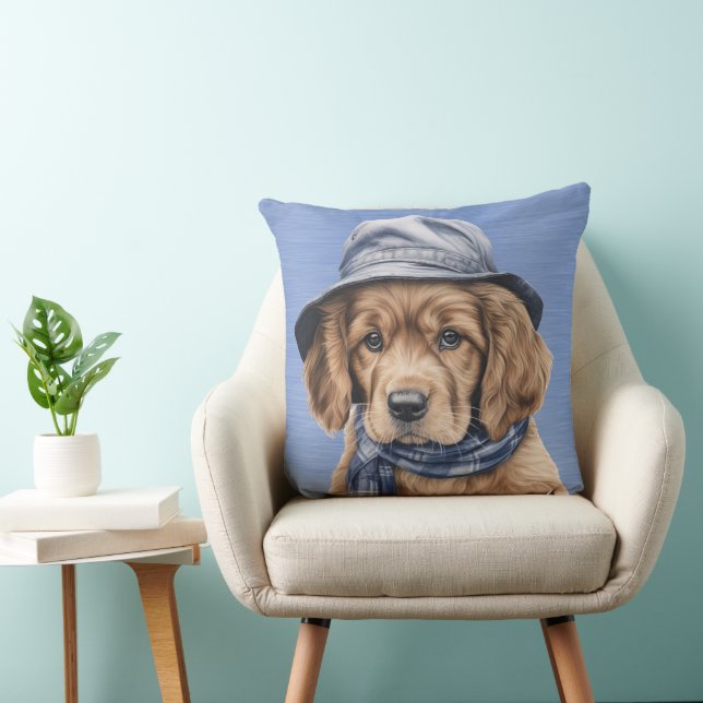 ADORABLE COCKER SPANIEL PUPPY WITH BLUE HAT CUSHION (Chair)