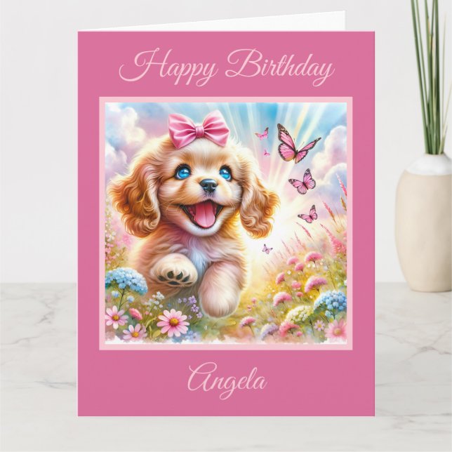Adorable Cocker Spaniel Puppy with Butterflies Card (Front)