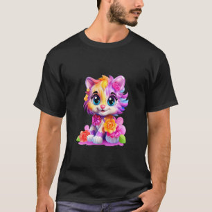 Adorable Colourful Cat with Flowers Big Eyes Kawai T-Shirt