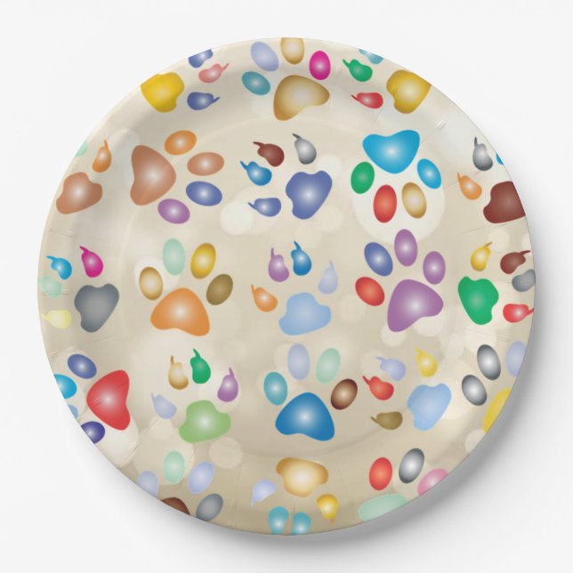 Adorable Colourful Dog Paw Prints,Bokeh Paper Plate (Front)
