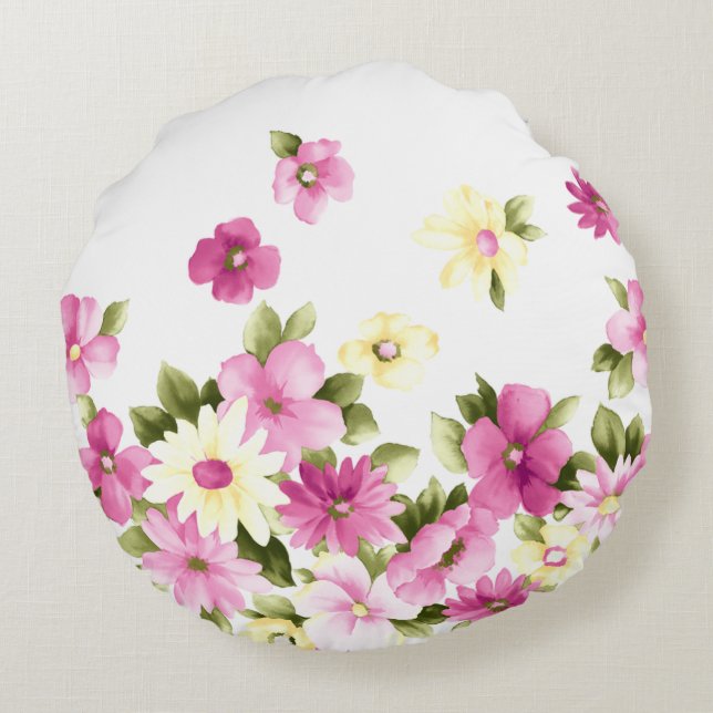 Adorable Colourful Girly Blooming Flowers Round Cushion (Back)