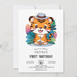 Adorable Colourful Tiger 1st Birthday Digital Invitation