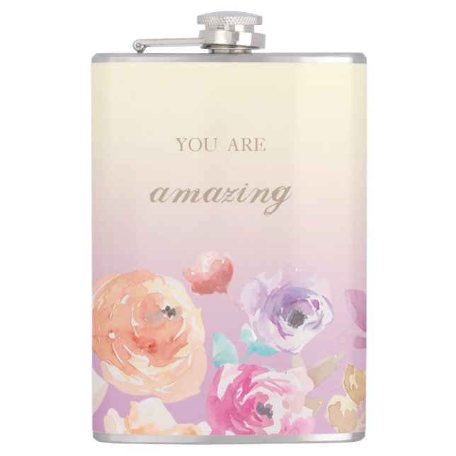 Adorable Colourful Watercolor Flowers Hip Flask (Front)