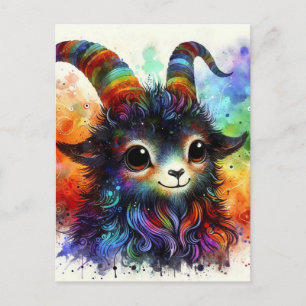 Adorable Colourful Watercolor Goat Postcard