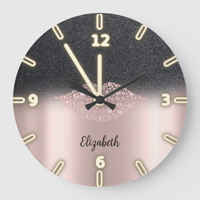 Adorable Cool Trendy Rose Gold Diamonds Lips   Large Clock (Front)