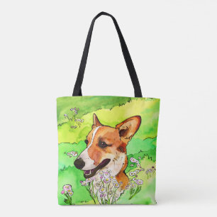 Adorable Corgi In A Flower Field Watercolor Tote Bag