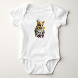 Adorable Corgi Puppy Dog with Flowers  Baby Bodysuit