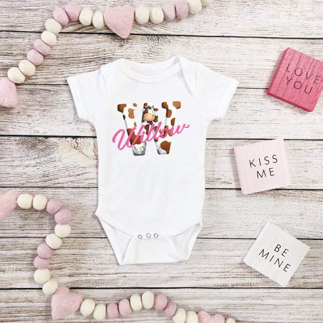 Adorable Cow Letter W Baby Outfit with Custom Name Baby Bodysuit (Creator Uploaded)