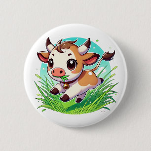 Adorable cow running through a field 6 cm round badge