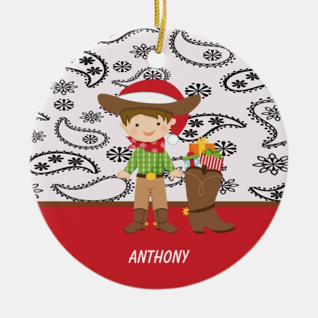 Adorable Cowboy Next to Cowboy Boot Ornament (Front)